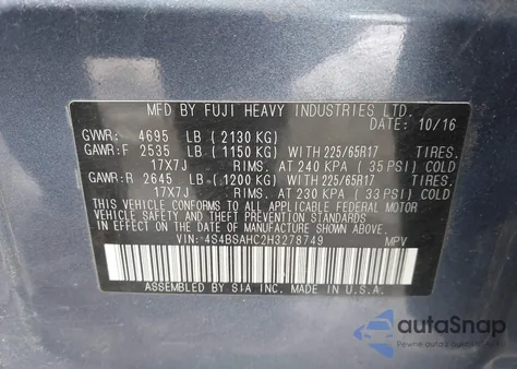 2017 Subaru Outback 2.5I Premium z USA, uszkodzony, nr VIN 4S4BSAHC2H3278749